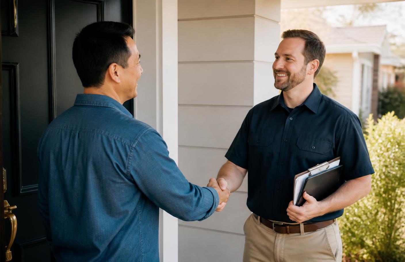 Homeowner shaking hands with a contractor at the front door