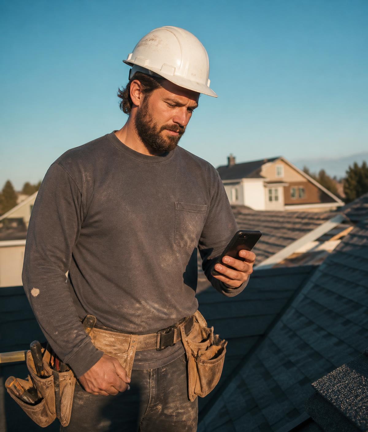 Roofer on a residential roof reading a booking confirmation on his phone