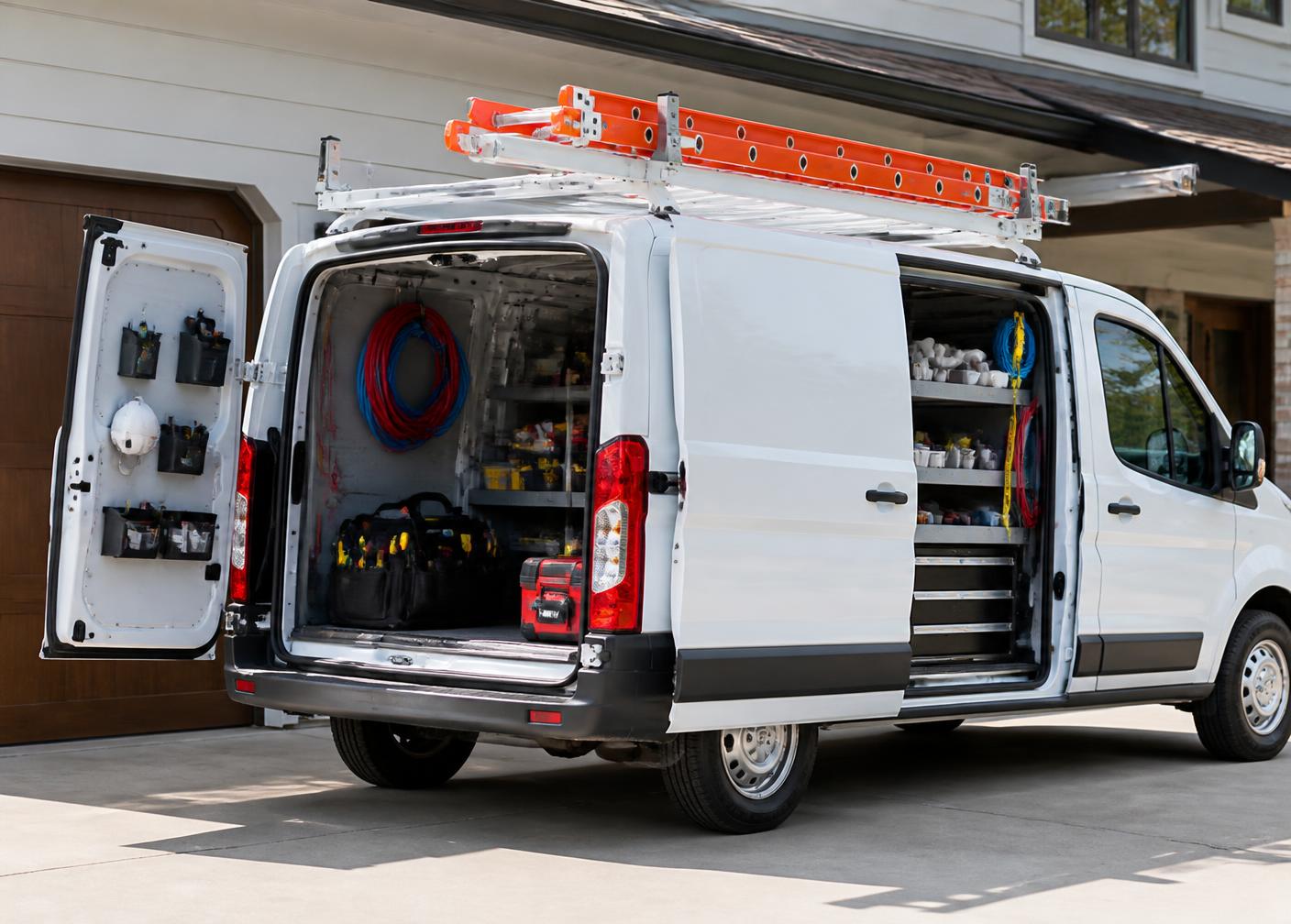 Contractor van loaded with tools parked at a job